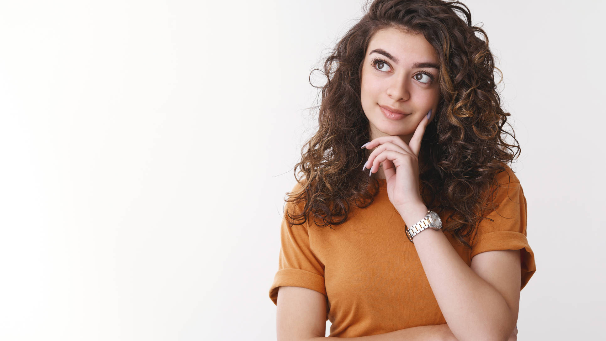 Cute dreamy girl deciding what product better look up thoughtful touch chin thinking smiling shopping alone, standing white background making choice considering proposals, white background.